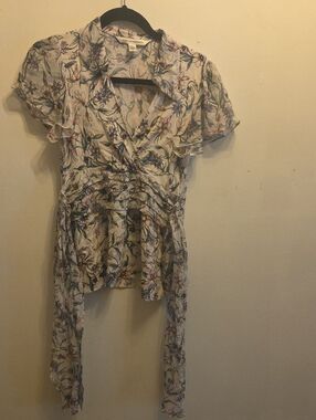Diane Von Furstenberg Cream Floral Wrap Blouse with Tie